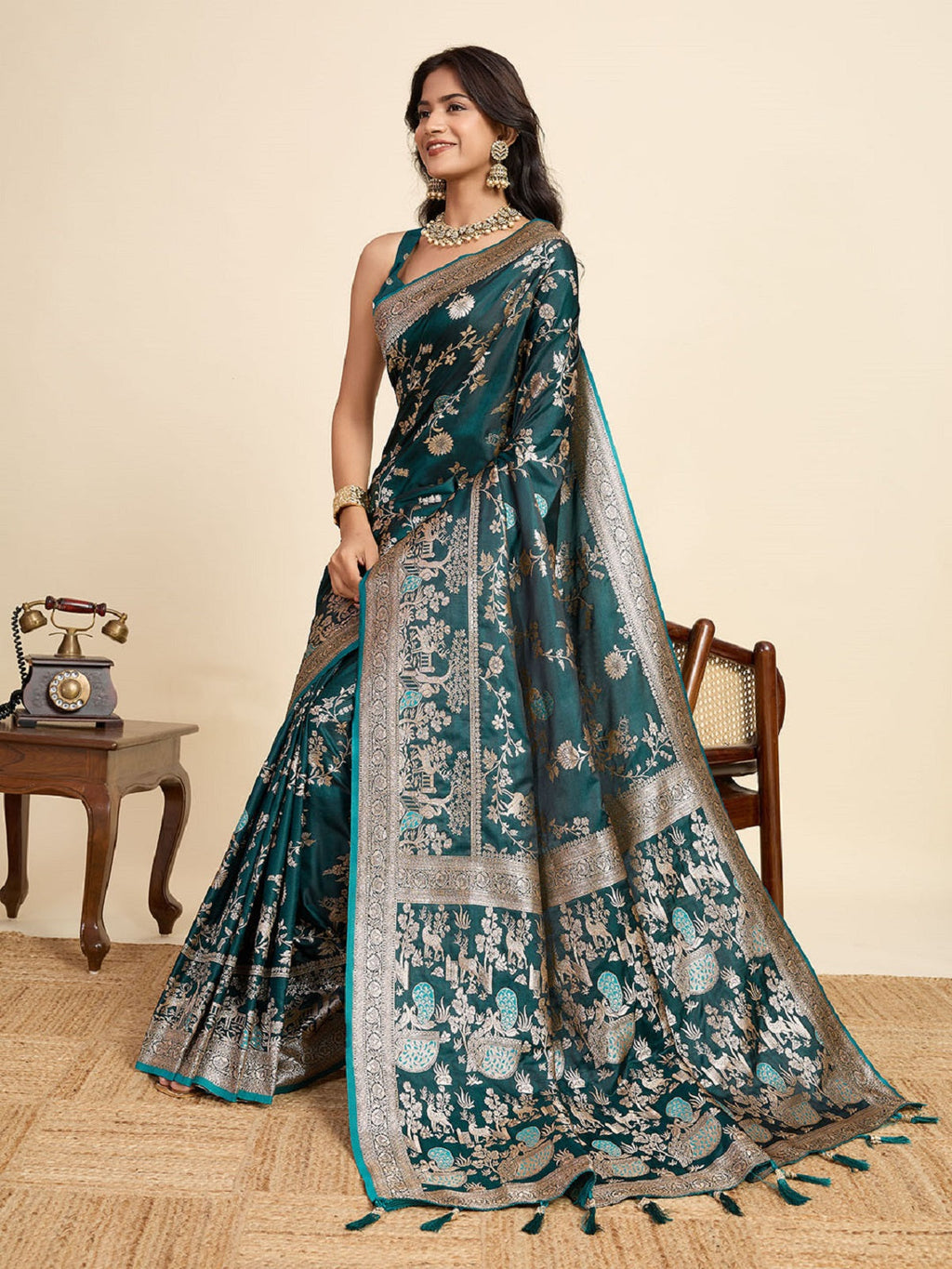 Teal Blue Satin Wedding Saree with Jari Motifs and Unstitched Blouse