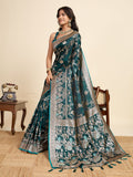 Teal Blue Satin Wedding Saree with Jari Motifs and Unstitched Blouse