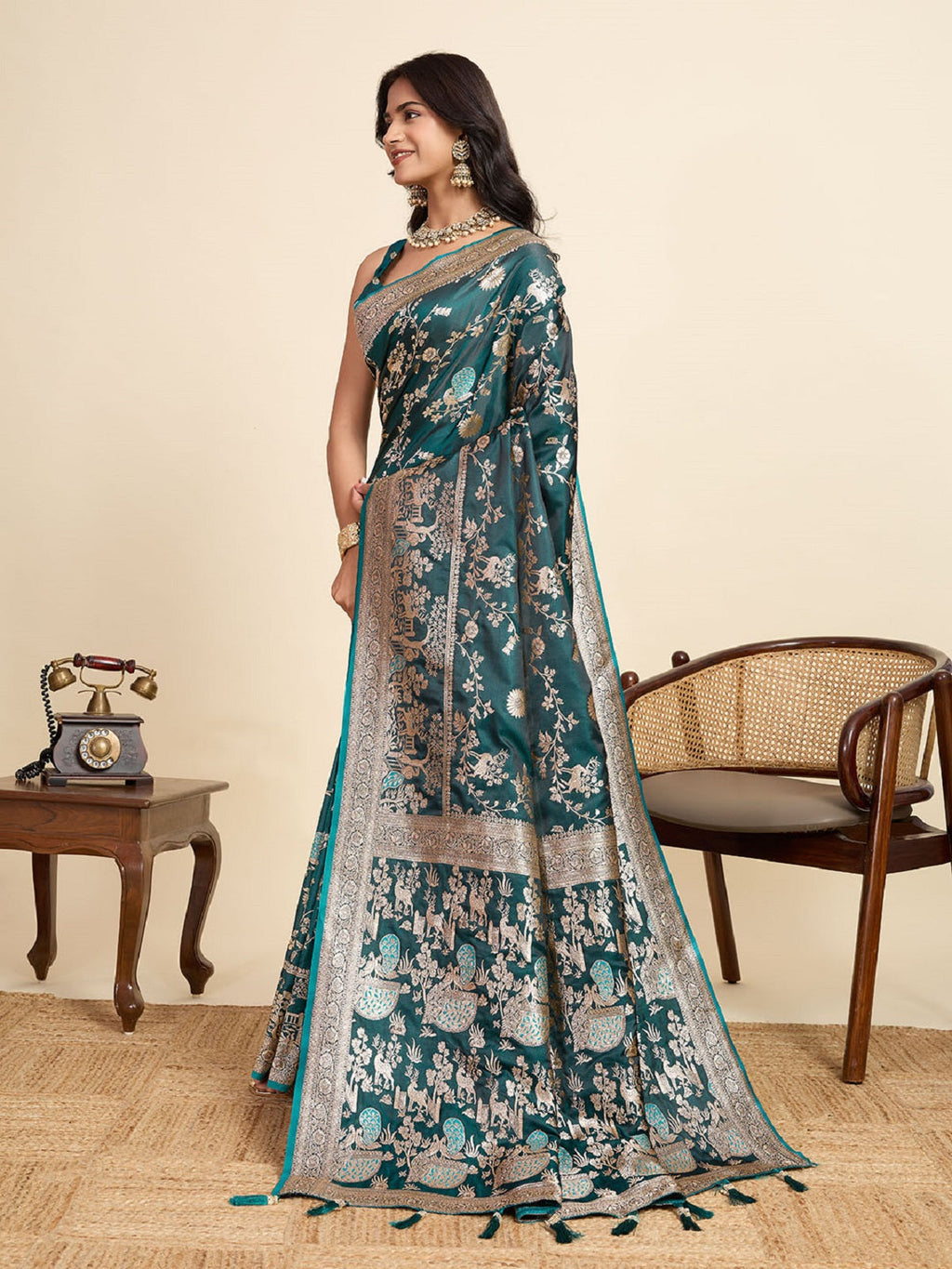 Teal Blue Satin Wedding Saree with Jari Motifs and Unstitched Blouse
