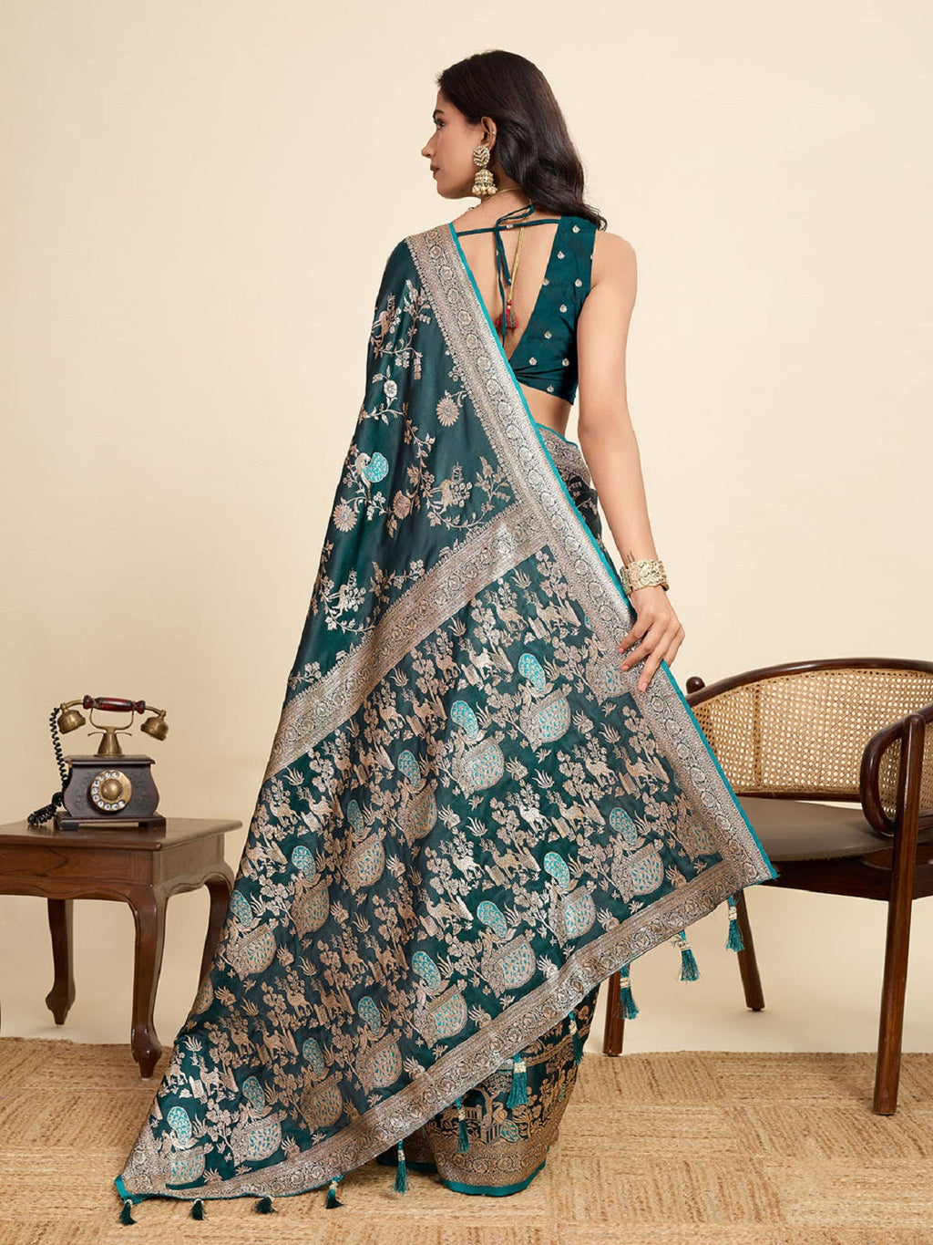 Teal Blue Satin Wedding Saree with Jari Motifs and Unstitched Blouse