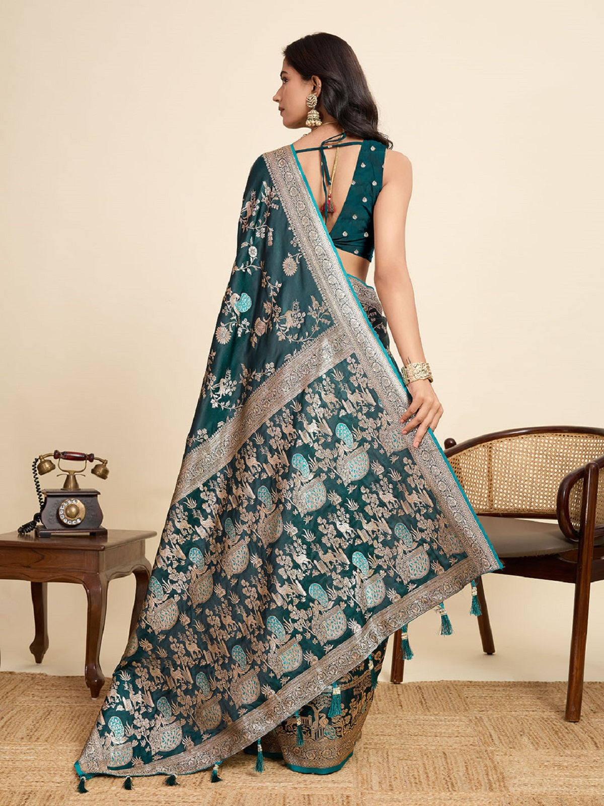 Teal Blue Satin Wedding Saree with Jari Motifs and Unstitched Blouse