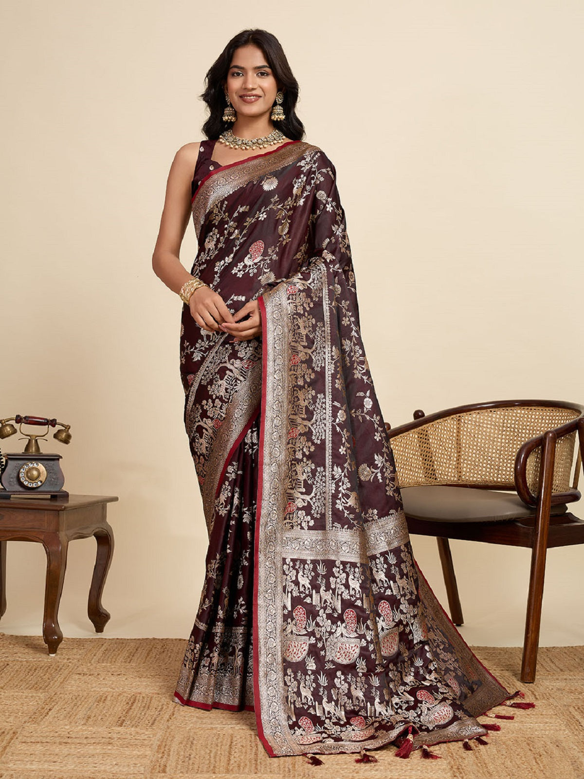 Deep Maroon Satin Wedding Saree with All-Over Jari Motifs