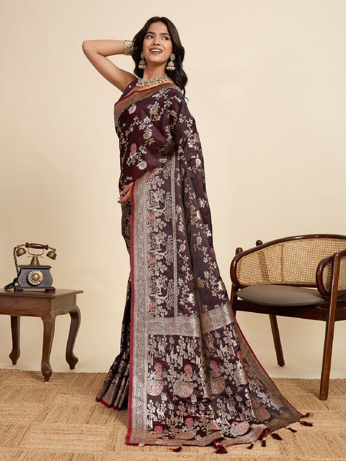 Deep Maroon Satin Wedding Saree with All-Over Jari Motifs