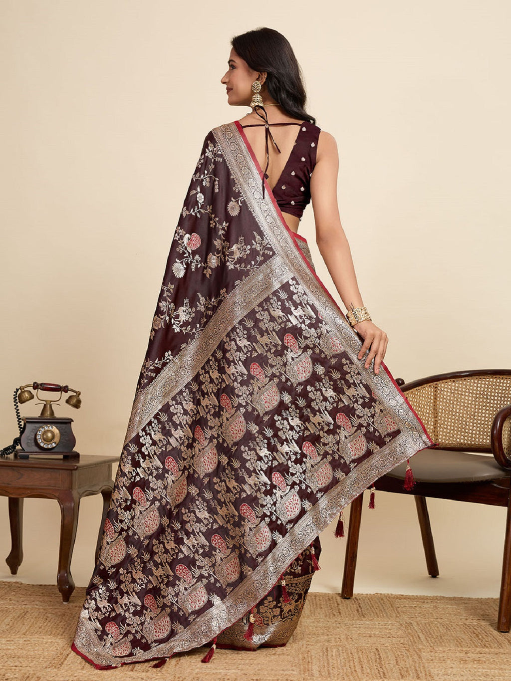 Deep Maroon Satin Wedding Saree with All-Over Jari Motifs