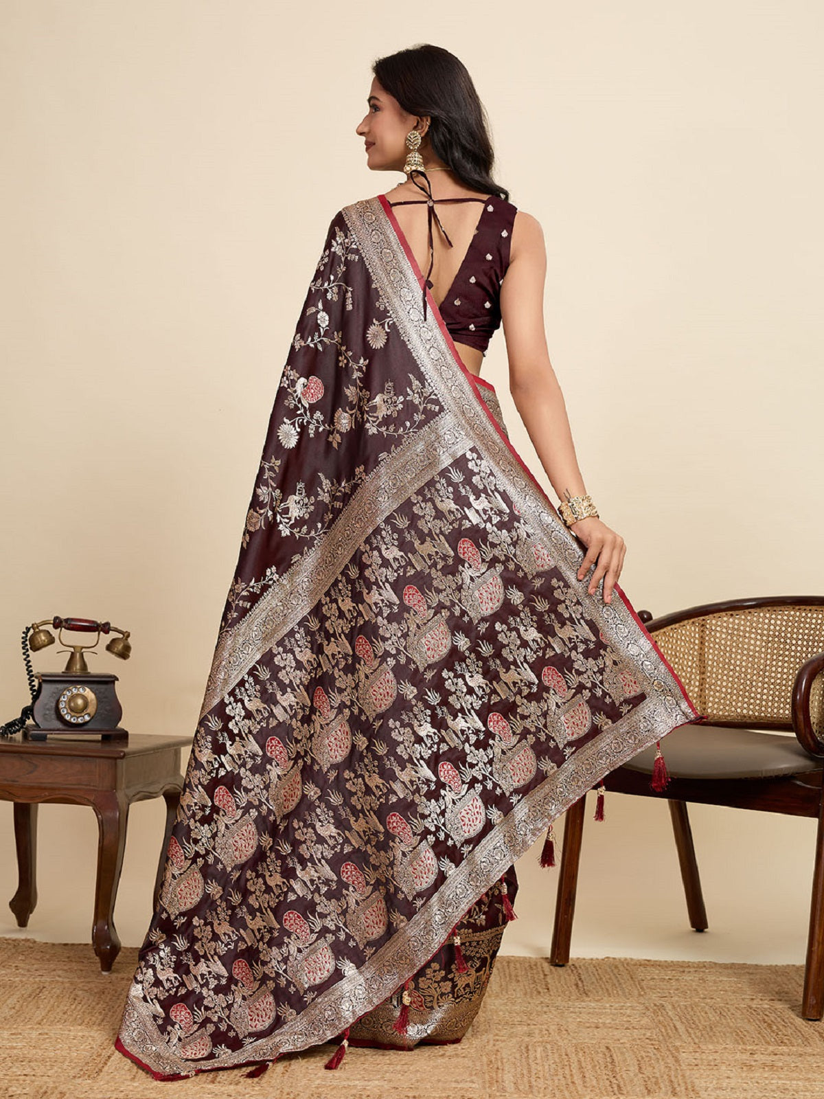 Deep Maroon Satin Wedding Saree with All-Over Jari Motifs