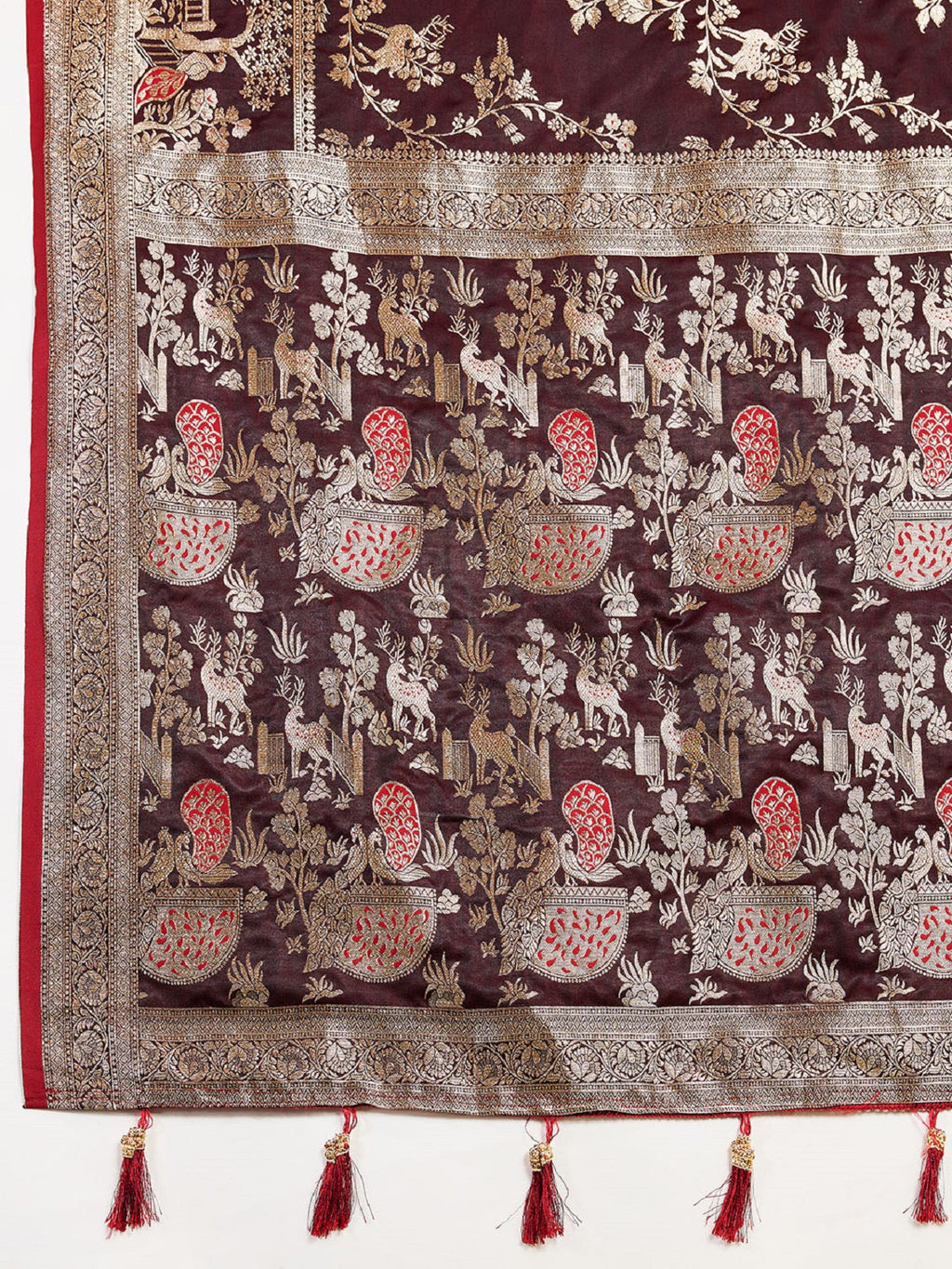 Deep Maroon Satin Wedding Saree with All-Over Jari Motifs