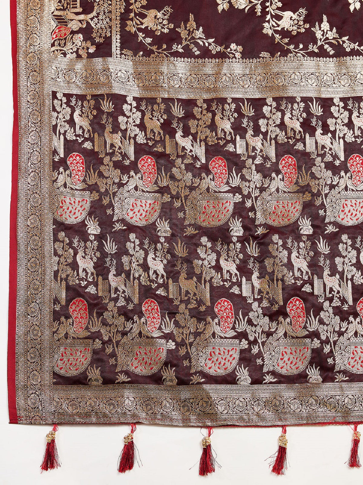 Deep Maroon Satin Wedding Saree with All-Over Jari Motifs