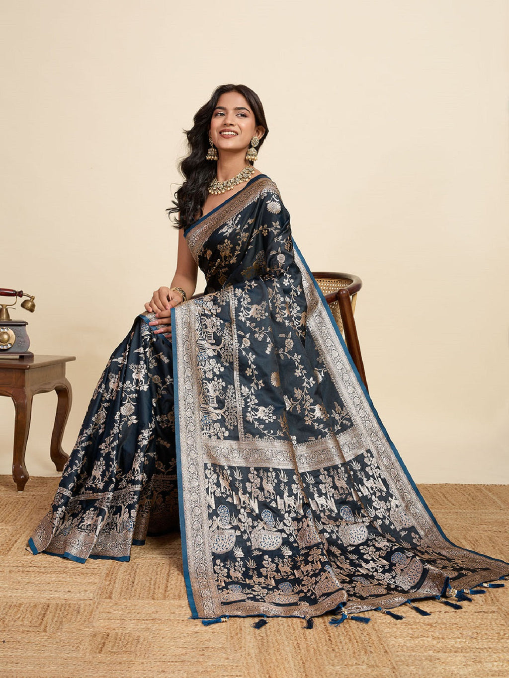 Teal Blue Satin Wedding Saree with All-Over Jari Motifs