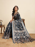 Teal Blue Satin Wedding Saree with All-Over Jari Motifs