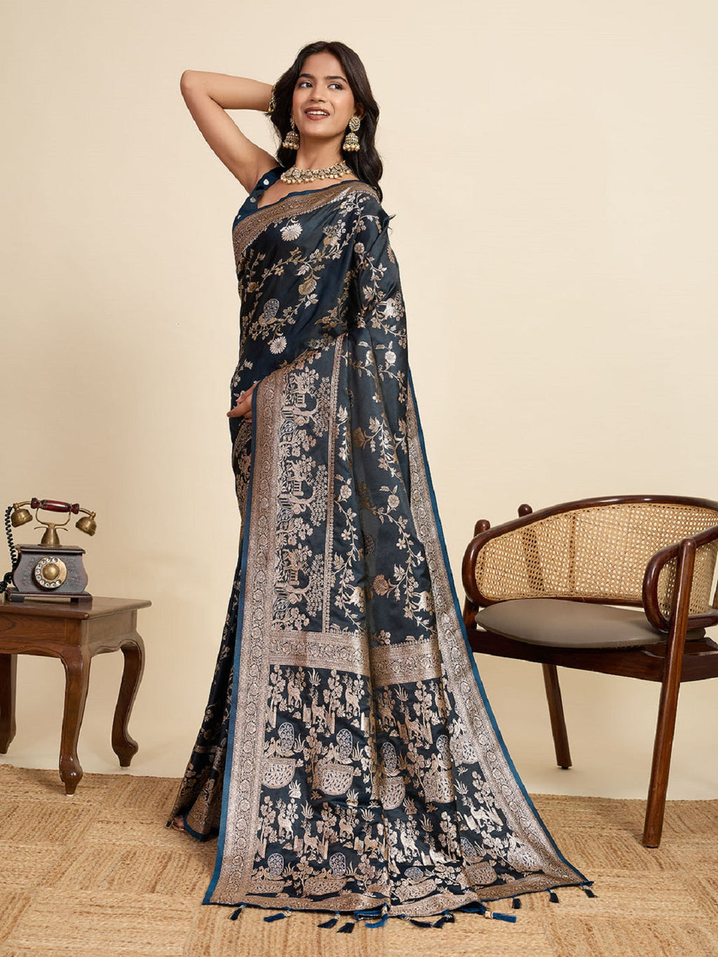 Teal Blue Satin Wedding Saree with All-Over Jari Motifs