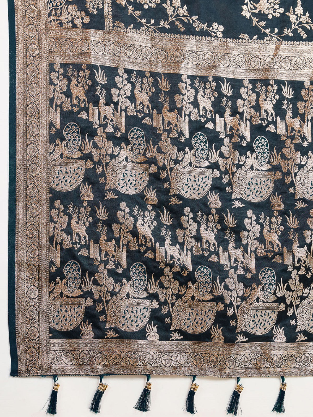 Teal Blue Satin Wedding Saree with All-Over Jari Motifs