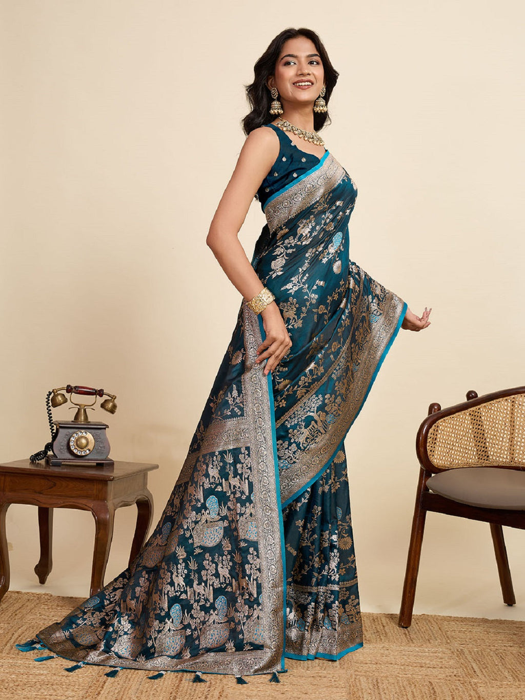 Teal Blue Satin Saree with Jari Motifs and Unstitched Blouse