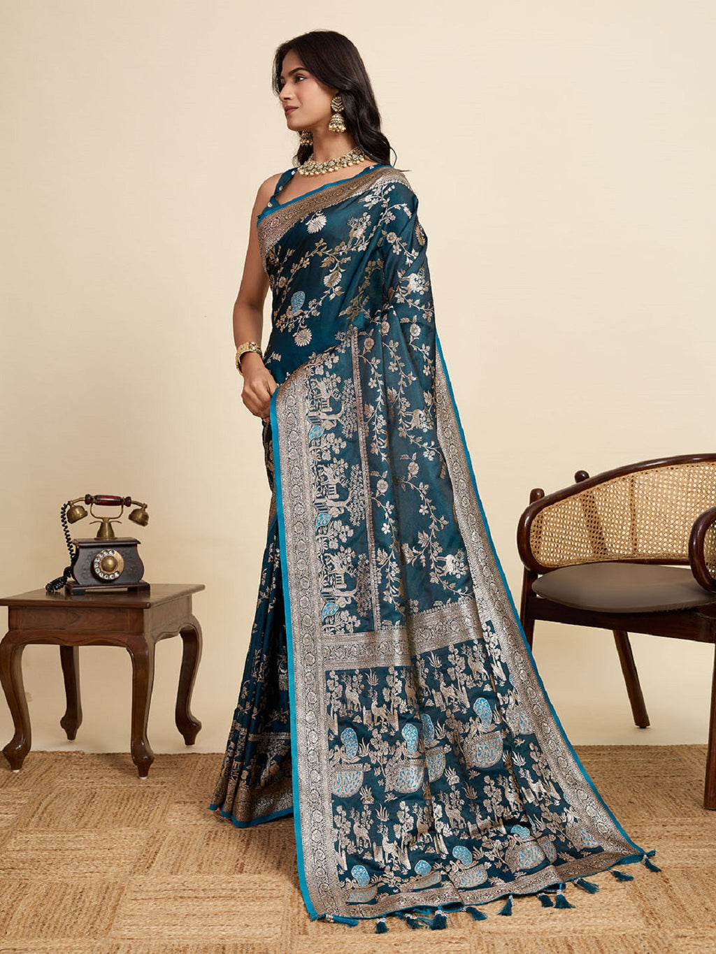 Teal Blue Satin Saree with Jari Motifs and Unstitched Blouse