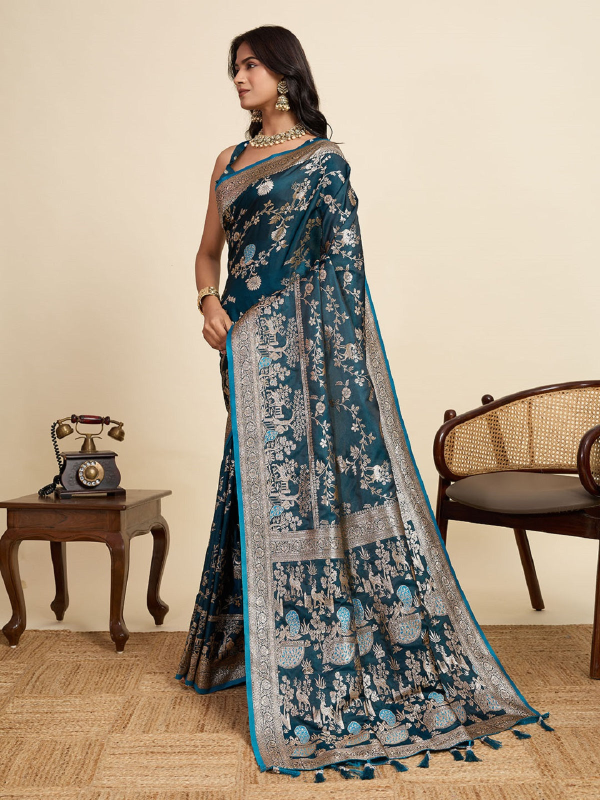 Teal Blue Satin Saree with Jari Motifs and Unstitched Blouse