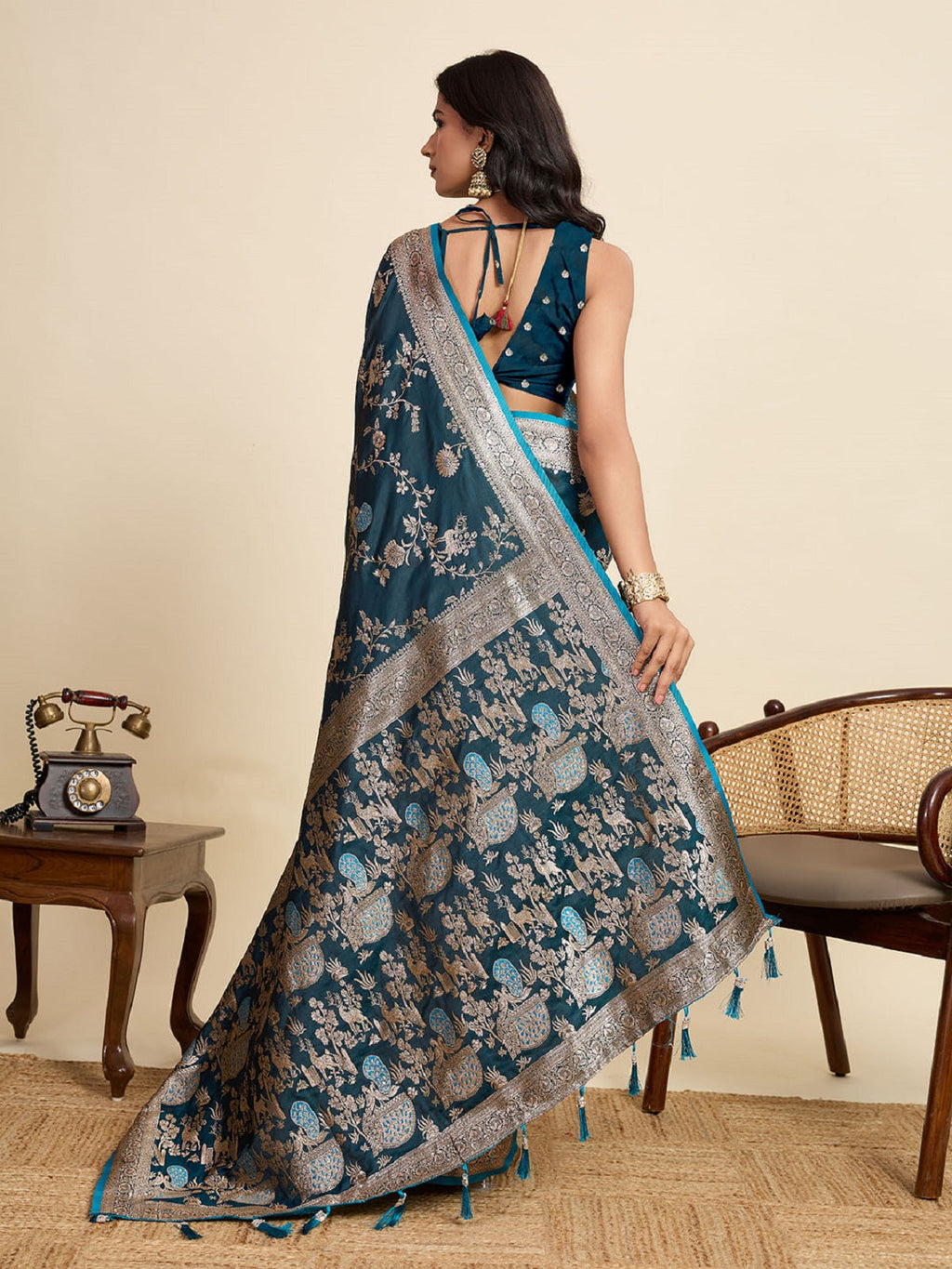 Teal Blue Satin Saree with Jari Motifs and Unstitched Blouse
