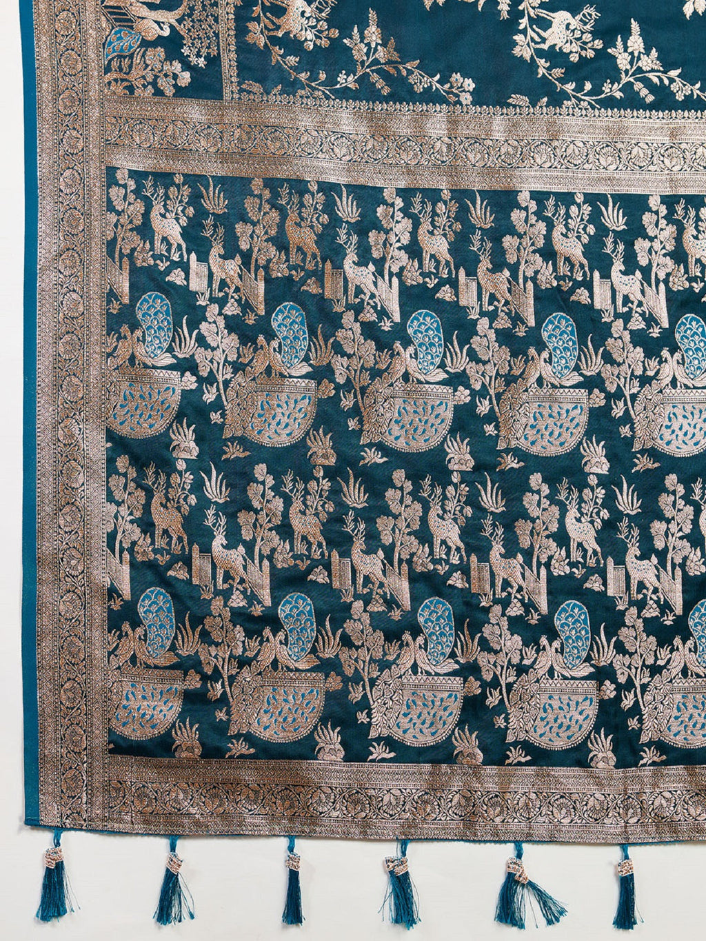 Teal Blue Satin Saree with Jari Motifs and Unstitched Blouse