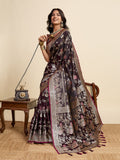 Deep Maroon satin saree with gold Jari motifs and unstitched blouse piece