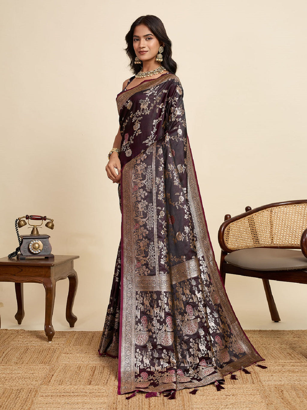 Deep Maroon Satin Saree with All Over Jari Motifs and Blouse