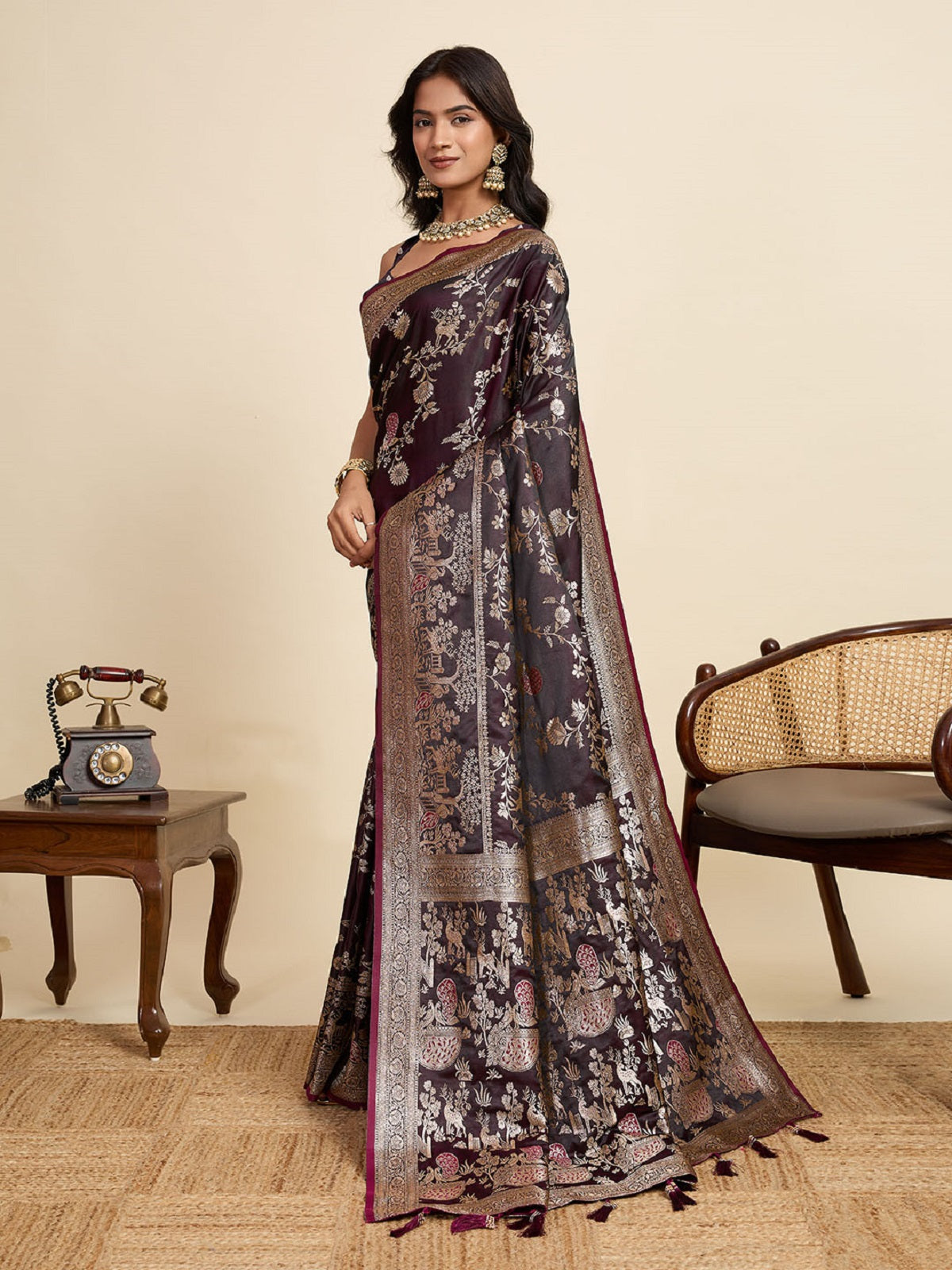 Deep Maroon Satin Saree with All Over Jari Motifs and Blouse