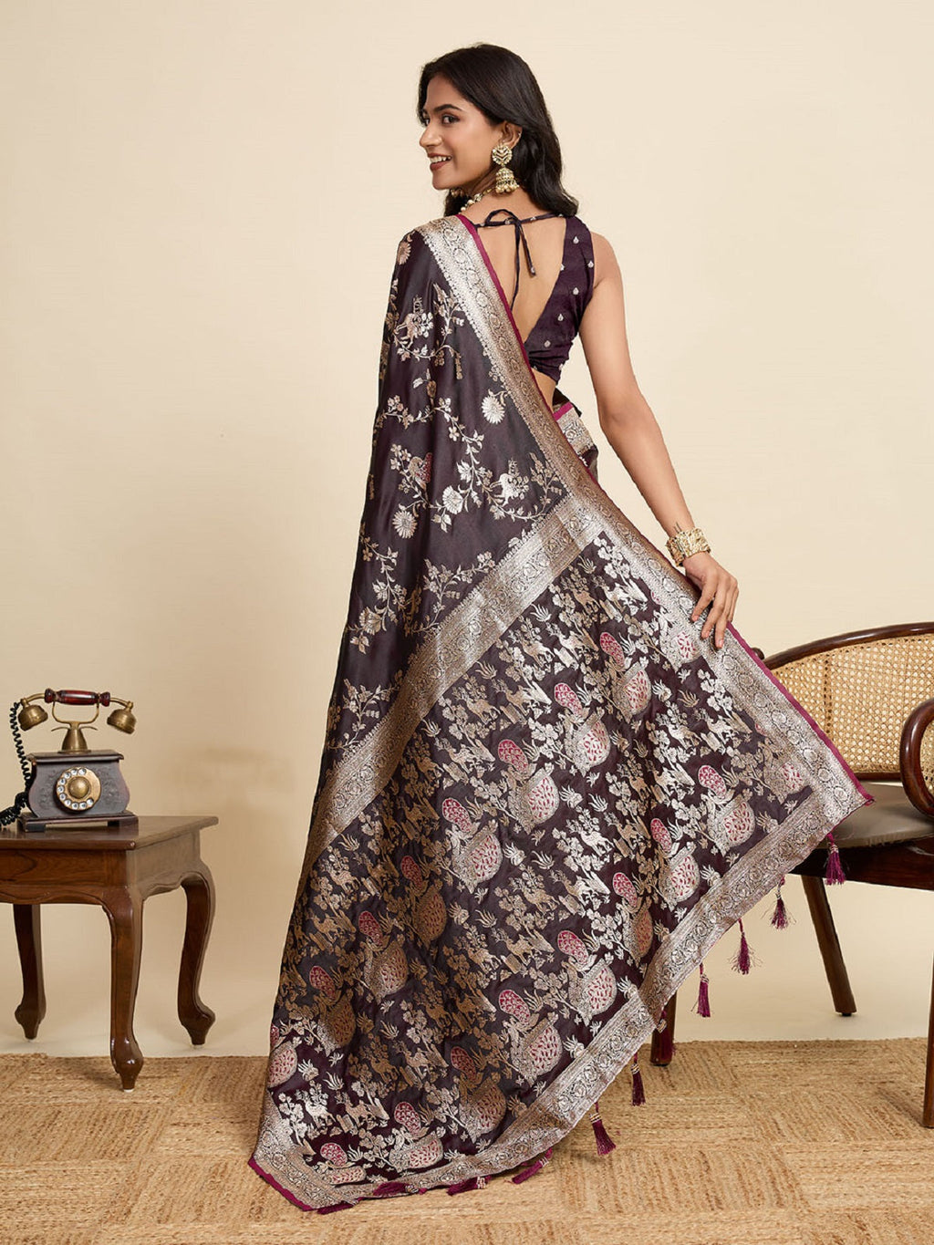 Deep Maroon Satin Saree with All Over Jari Motifs and Blouse