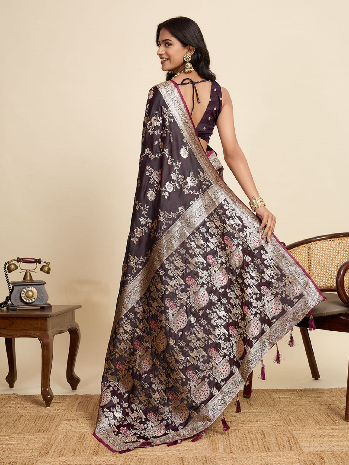 Deep Maroon Satin Saree with All Over Jari Motifs and Blouse