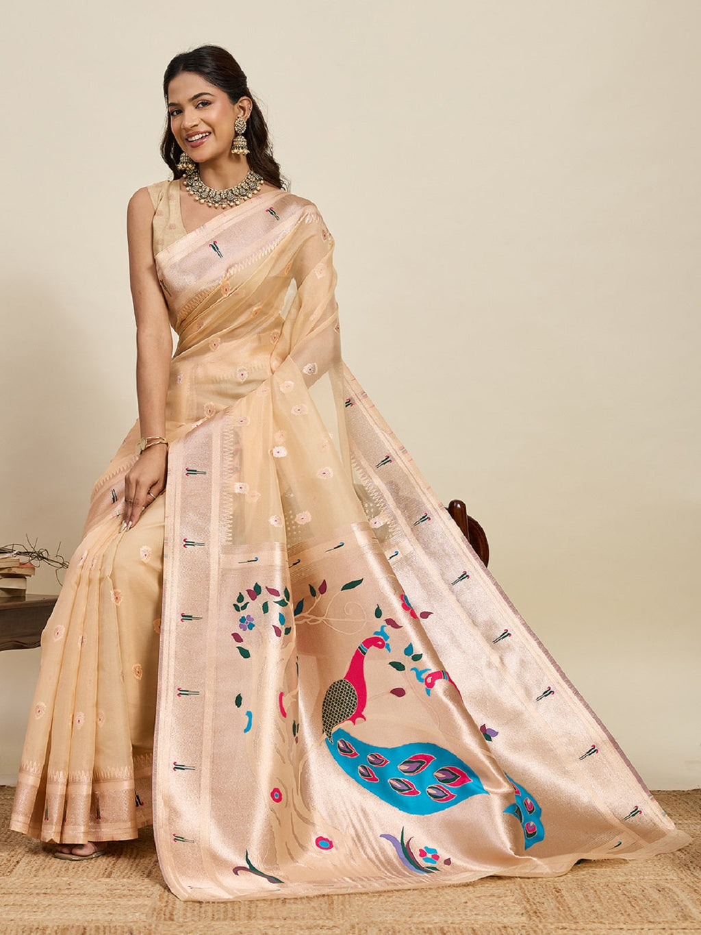 Ivory Paithani Silk Wedding Saree with All-Over Jari