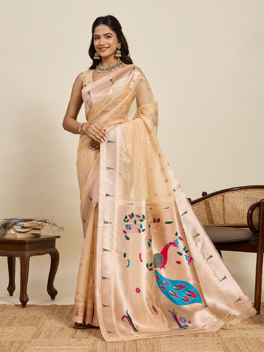 Ivory Paithani silk saree with all-over Jari weaving for weddings