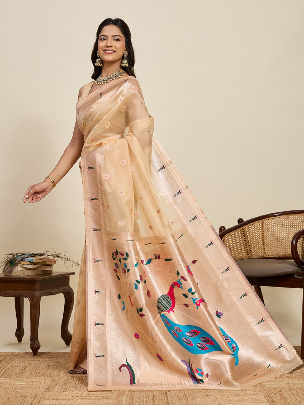 Ivory Paithani Silk Wedding Saree with All-Over Jari