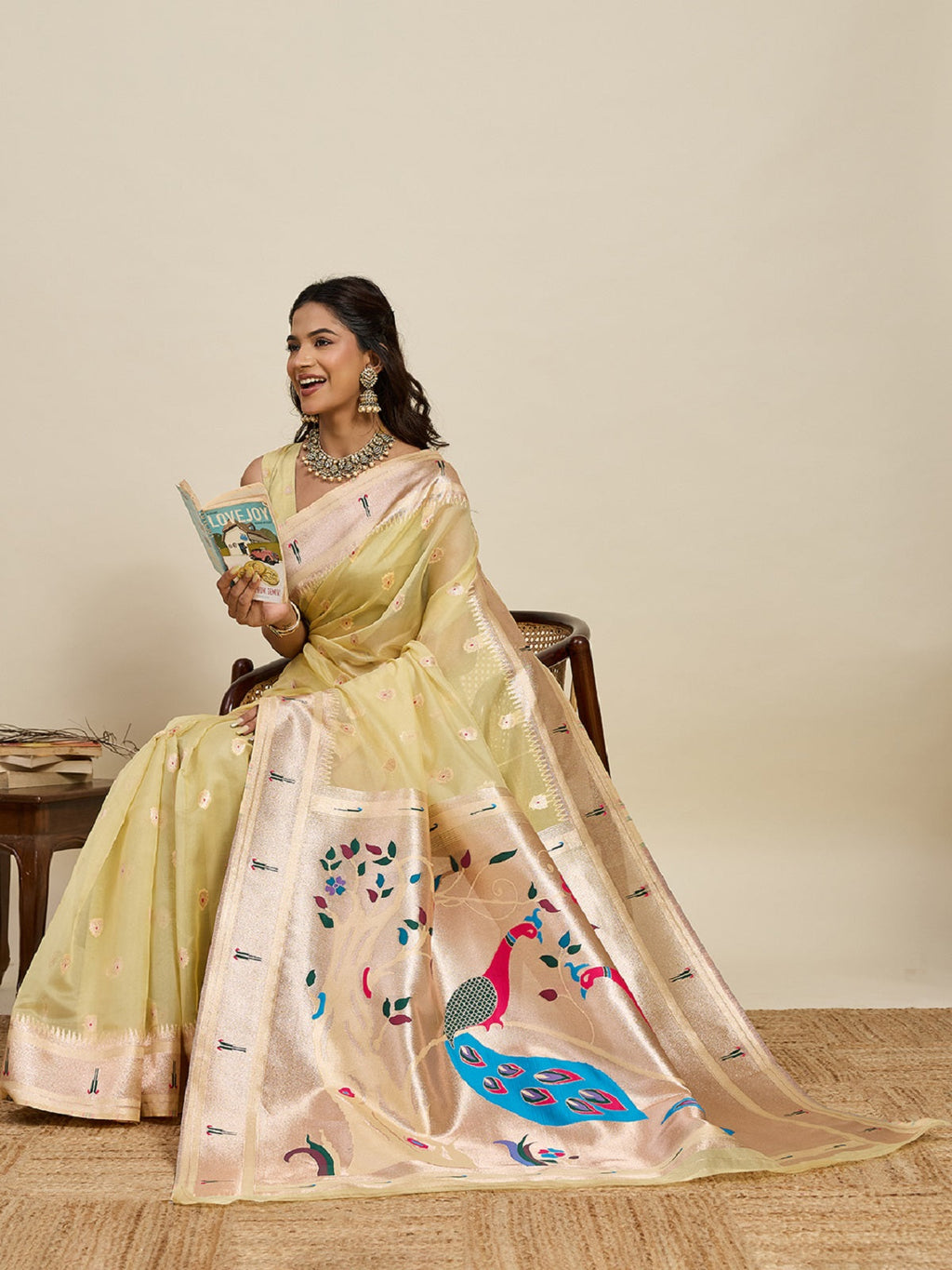 Golden Paithani Silk Wedding Saree with All-Over Jari Weaving