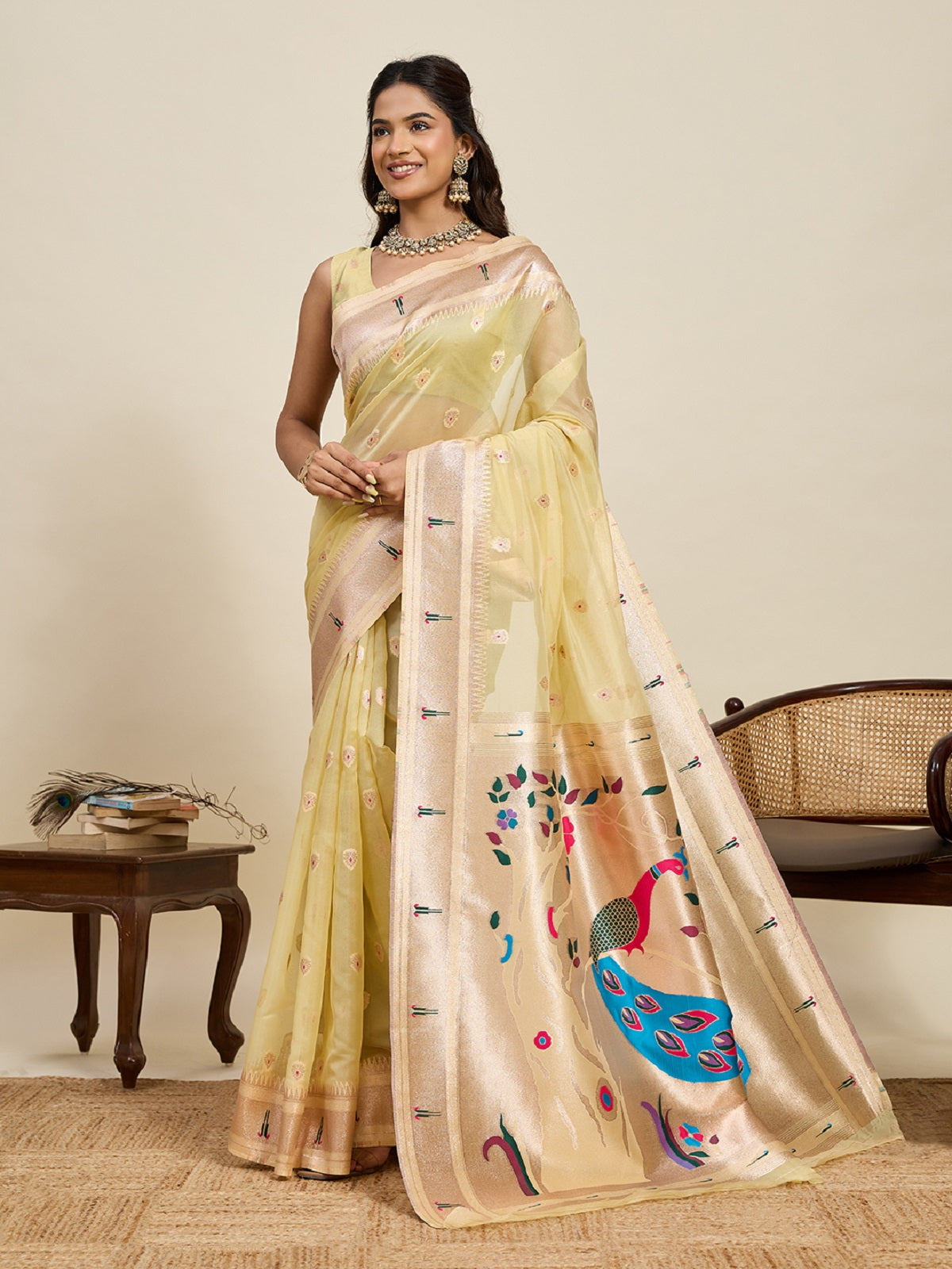 Golden Paithani silk saree with traditional all-over Jari weaving