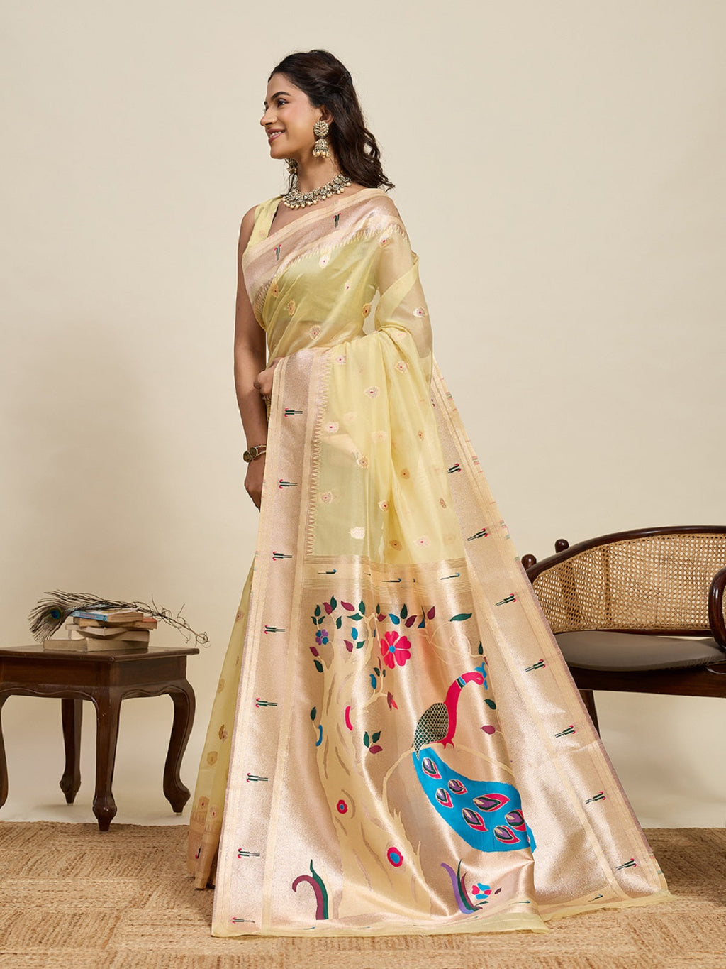 Golden Paithani Silk Wedding Saree with All-Over Jari Weaving