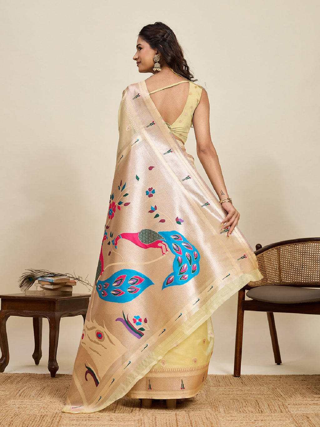 Golden Paithani Silk Wedding Saree with All-Over Jari Weaving
