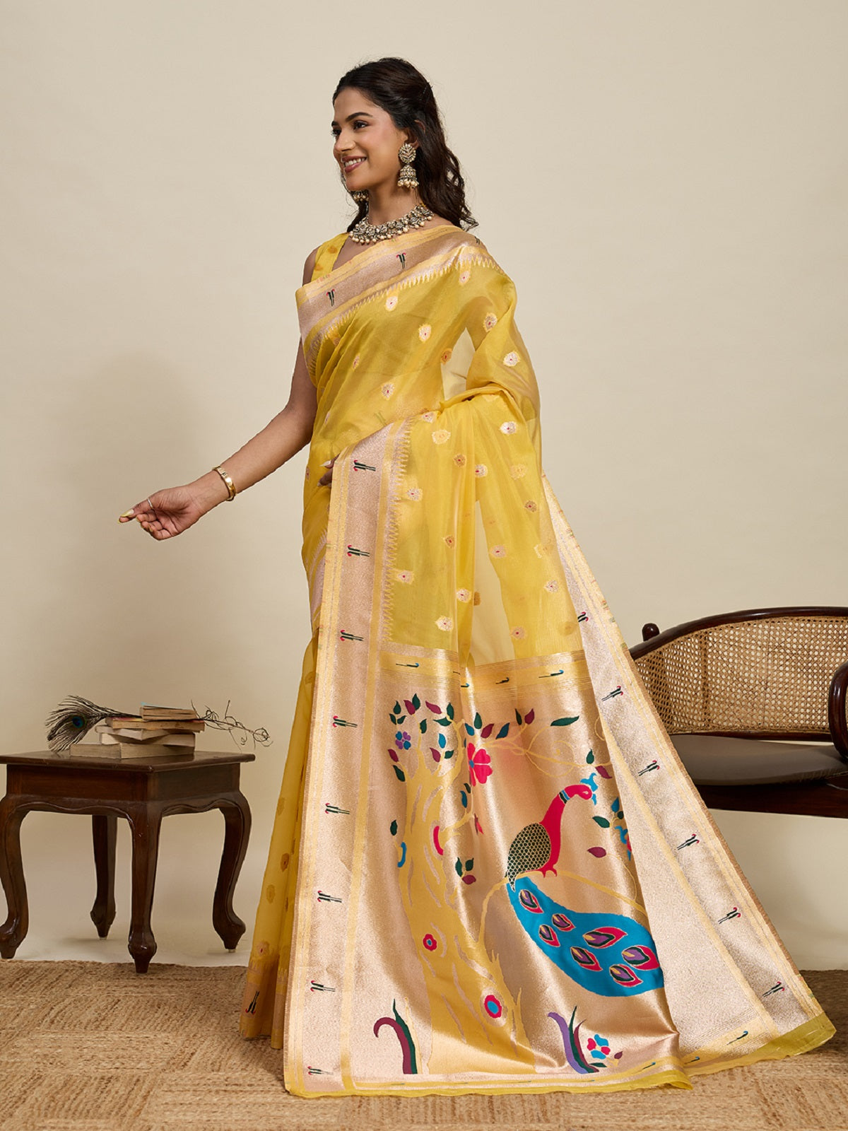 Yellow Paithani Silk Wedding Saree with All-Over Jari Weaving