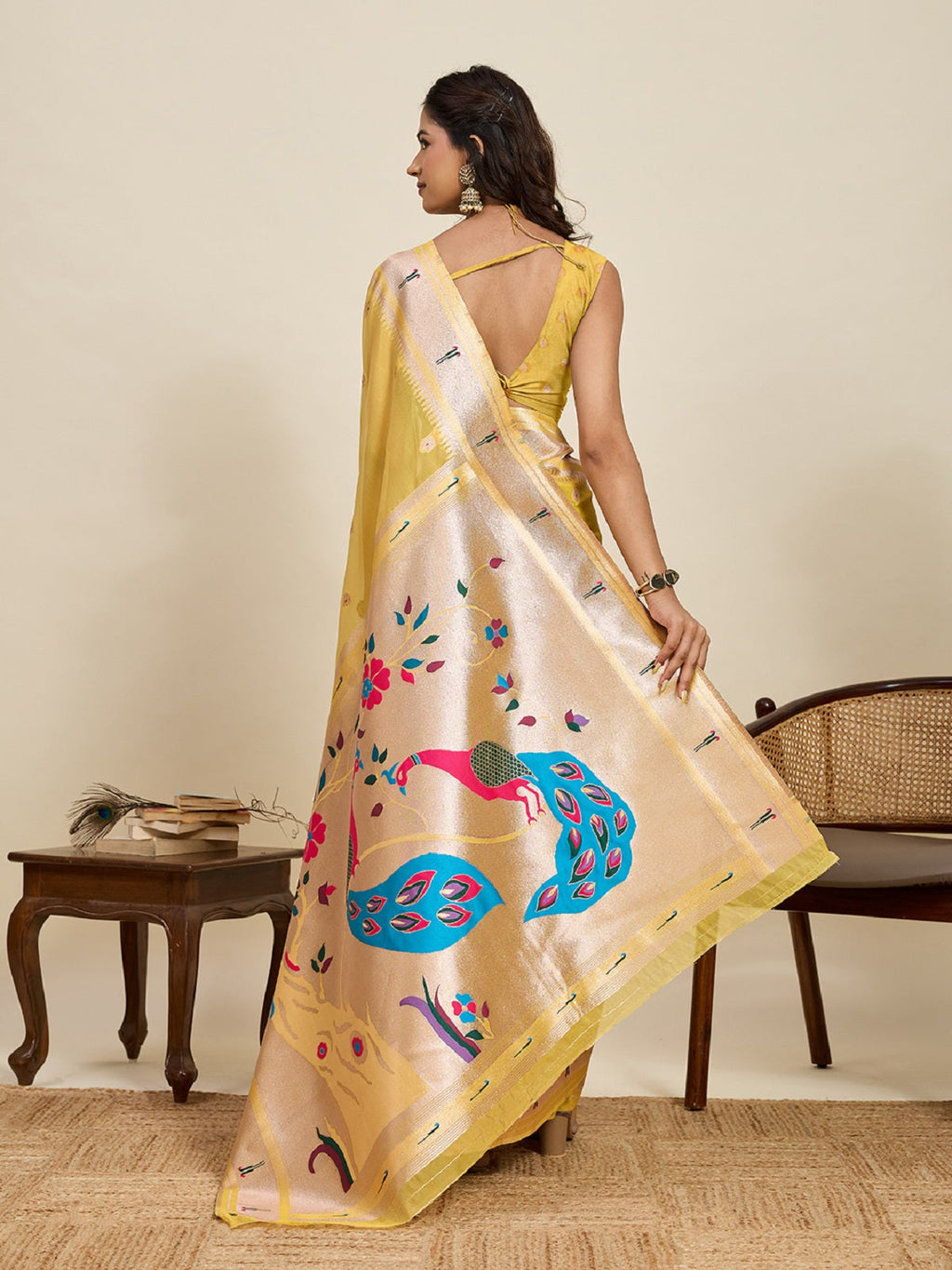 Yellow Paithani Silk Wedding Saree with All-Over Jari Weaving
