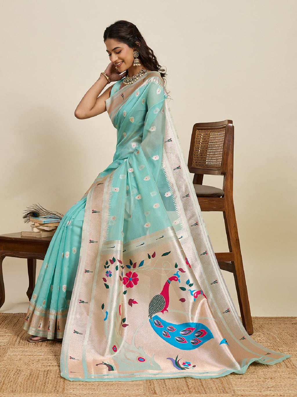 Sky Blue Paithani Silk Wedding Saree with Jari Weaving