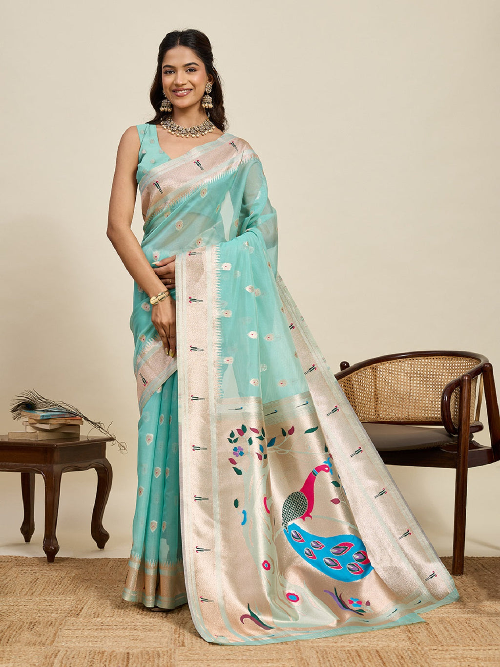 Sky blue Paithani silk wedding saree with elaborate Jari weaving work