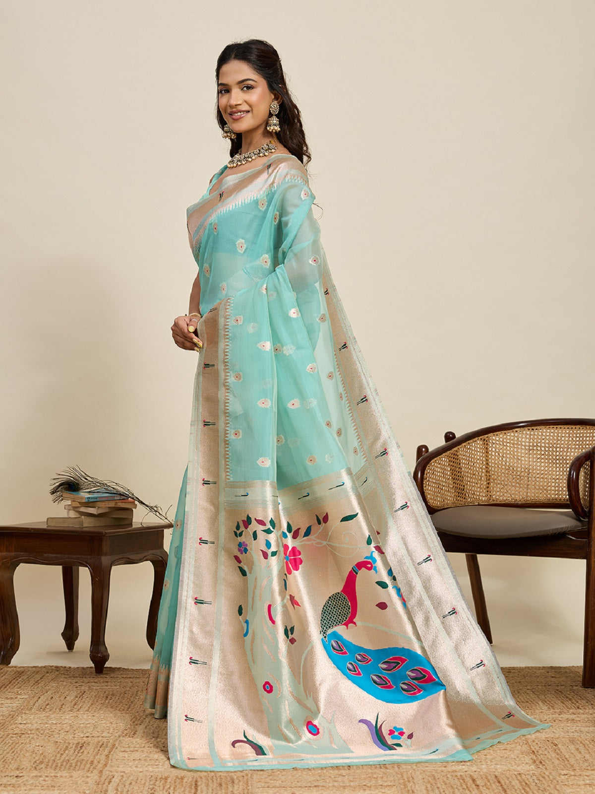 Sky Blue Paithani Silk Wedding Saree with Jari Weaving