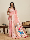 Baby pink Paithani silk wedding saree with traditional gold Jari border and pallu