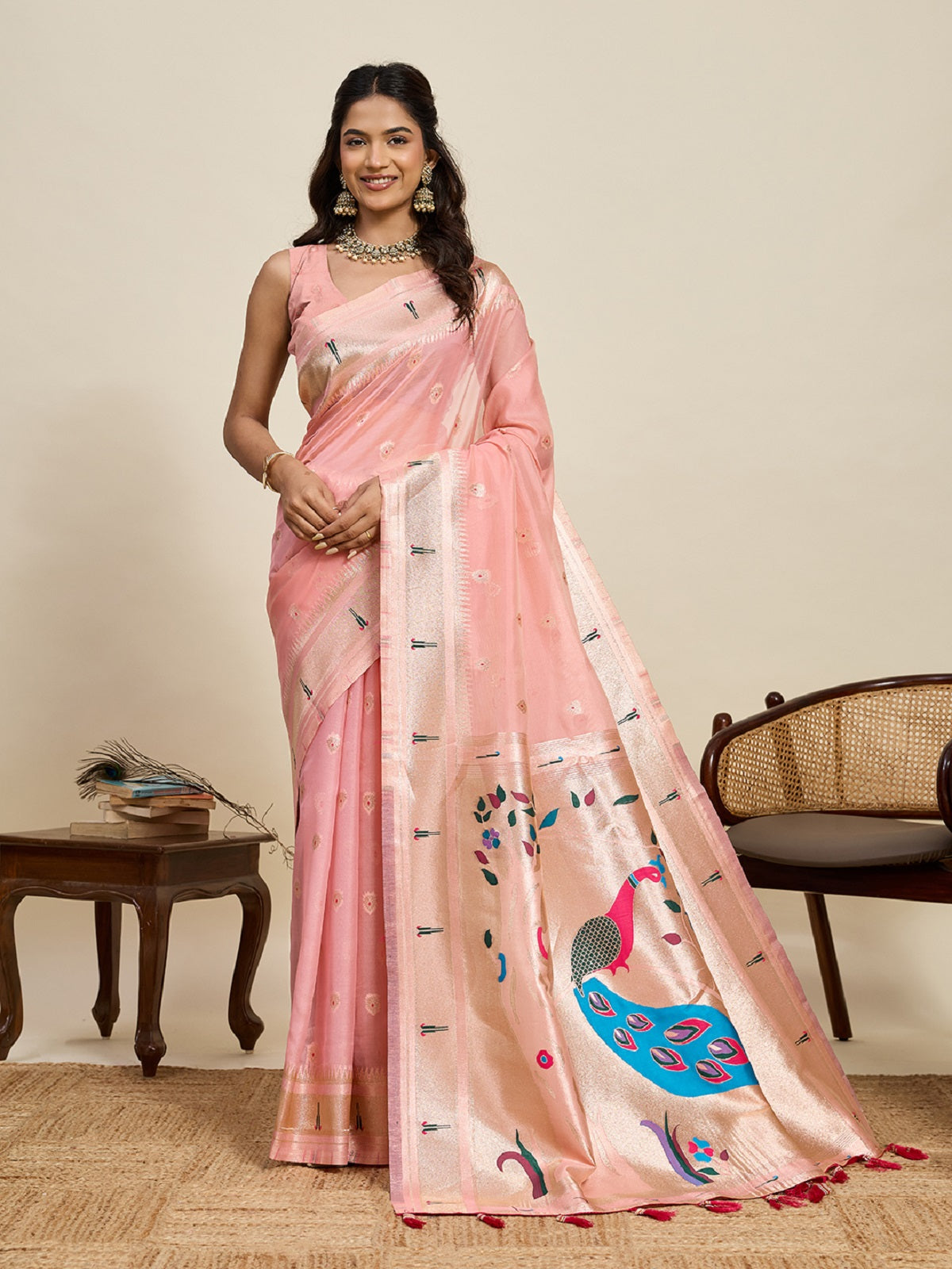 Baby pink Paithani silk wedding saree with traditional gold Jari border and pallu