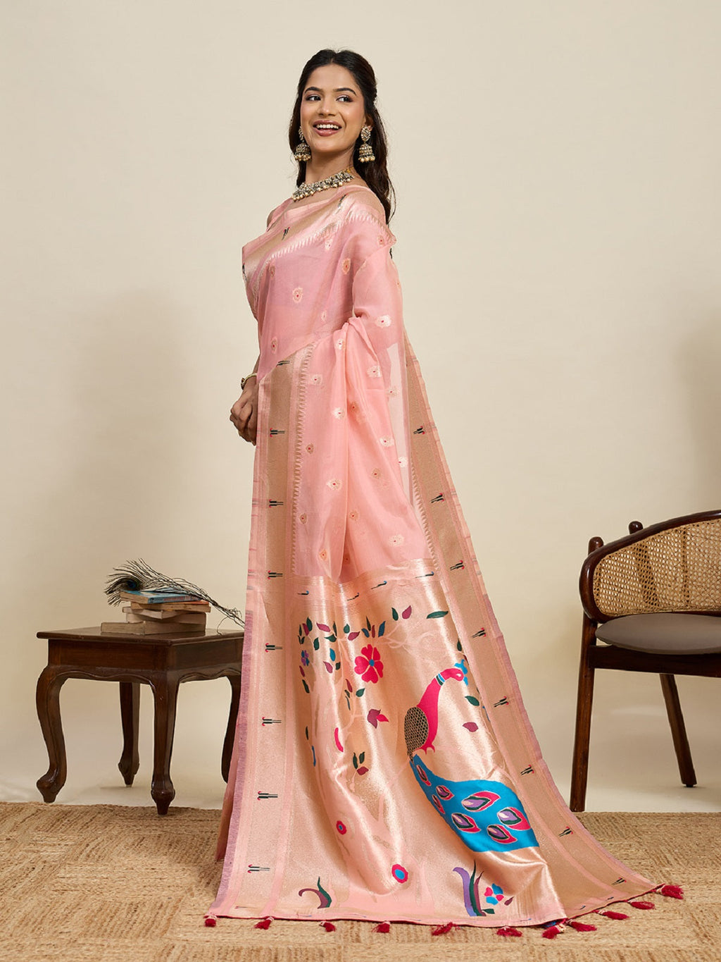 Baby Pink Traditional Paithani Silk Wedding Saree with Jari Weaving