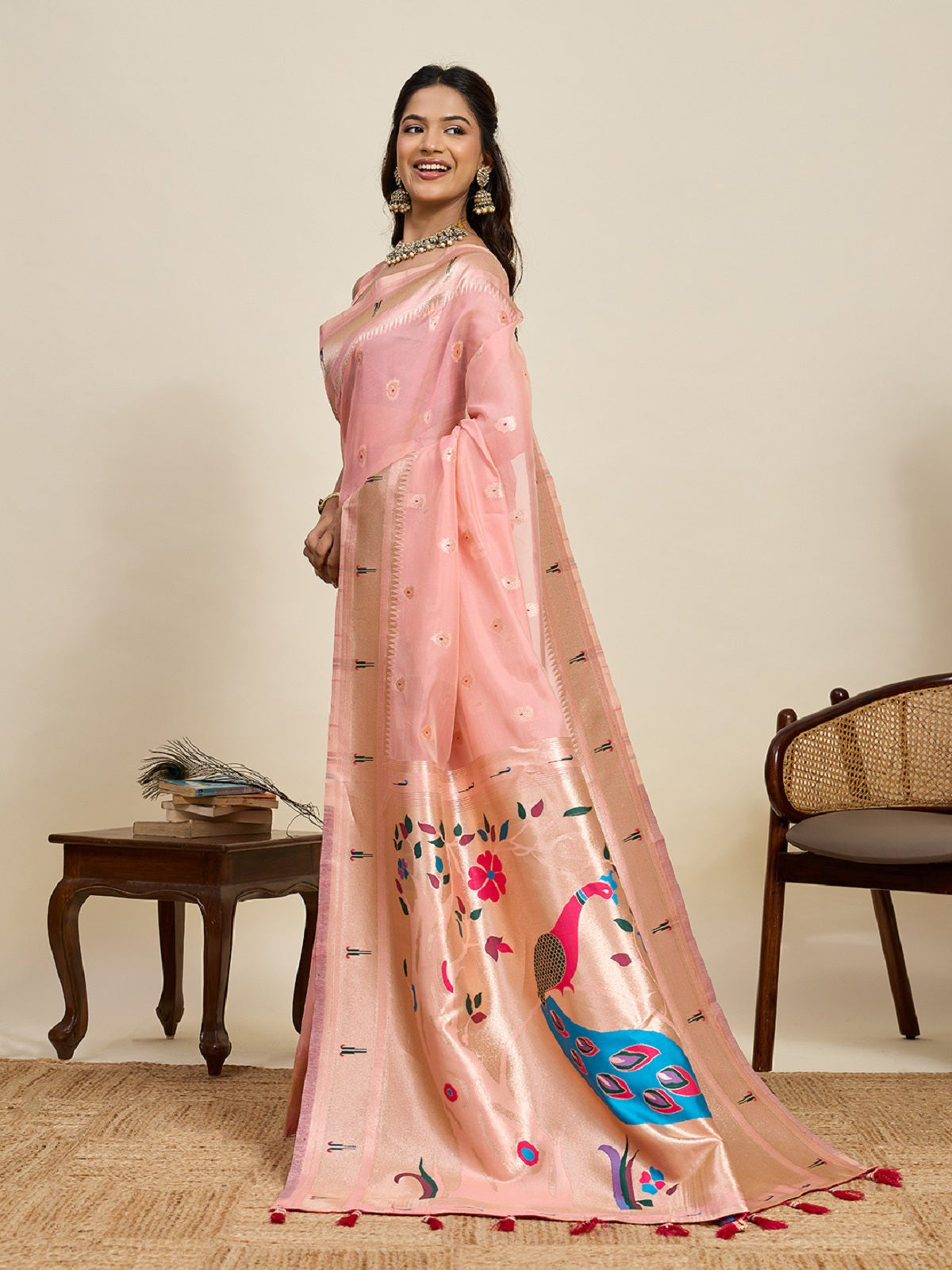 Baby Pink Traditional Paithani Silk Wedding Saree with Jari Weaving
