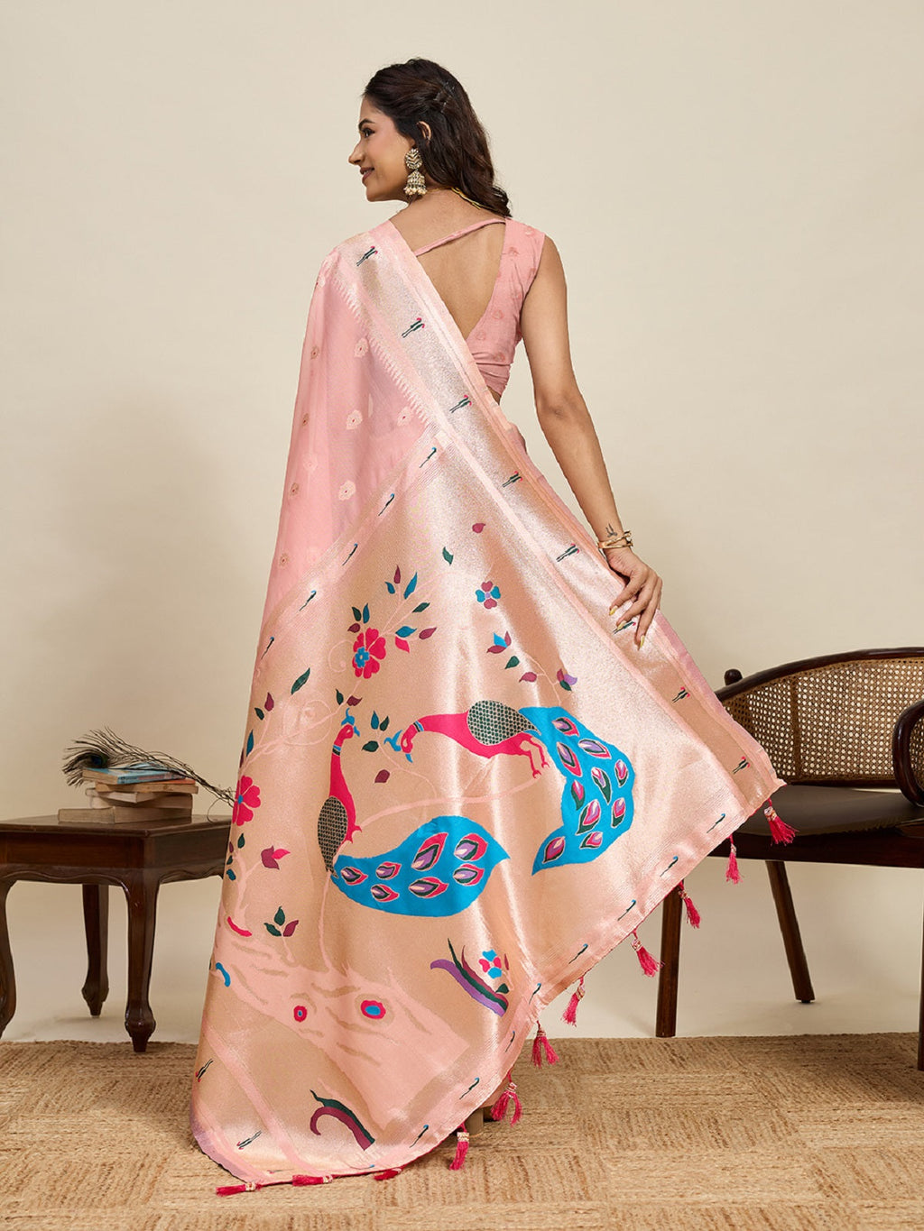 Baby Pink Traditional Paithani Silk Wedding Saree with Jari Weaving