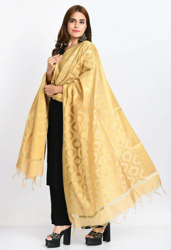 Women's Golden Banarsi Silk Dupatta with All Over Geometric Weave