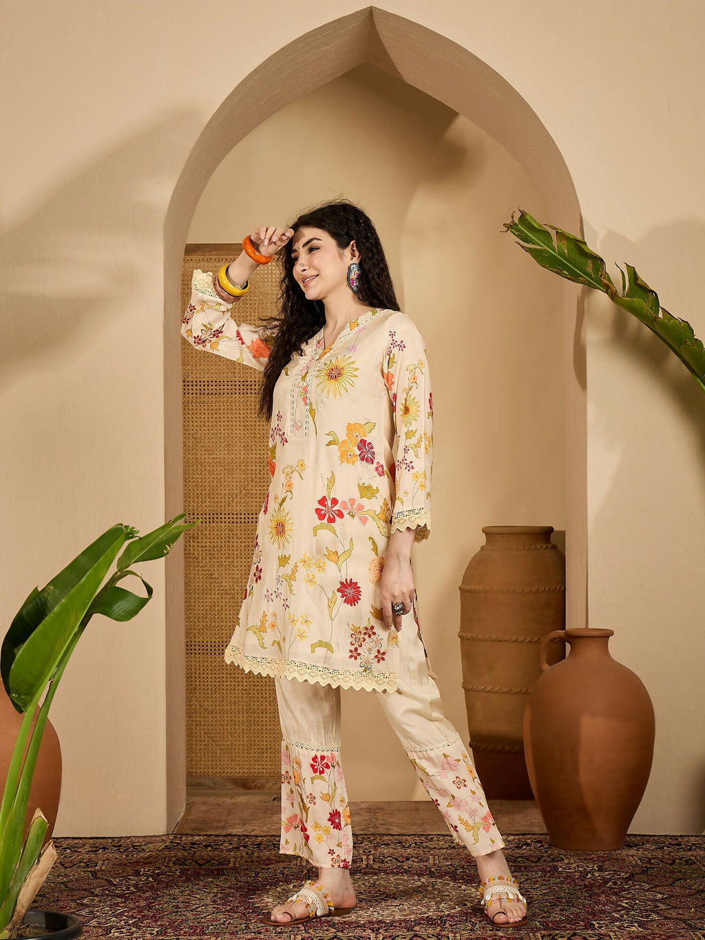 Cream Printed Pure Cotton Co-ord Set