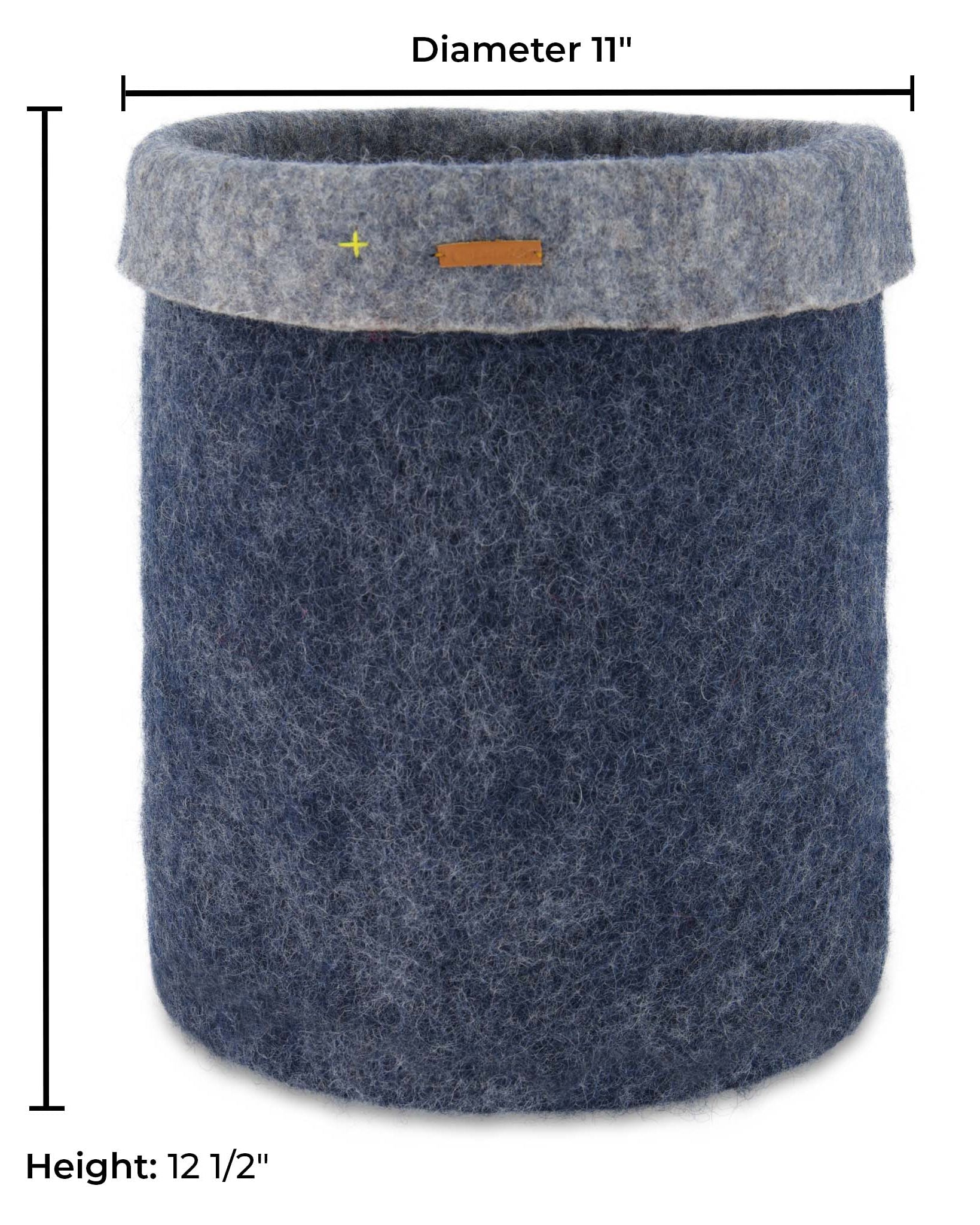 Gray felt storage basket with measurements on a white background