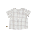 Baby woven tunic in a white and blue-brown sketch grid pattern with a three-button front closure.