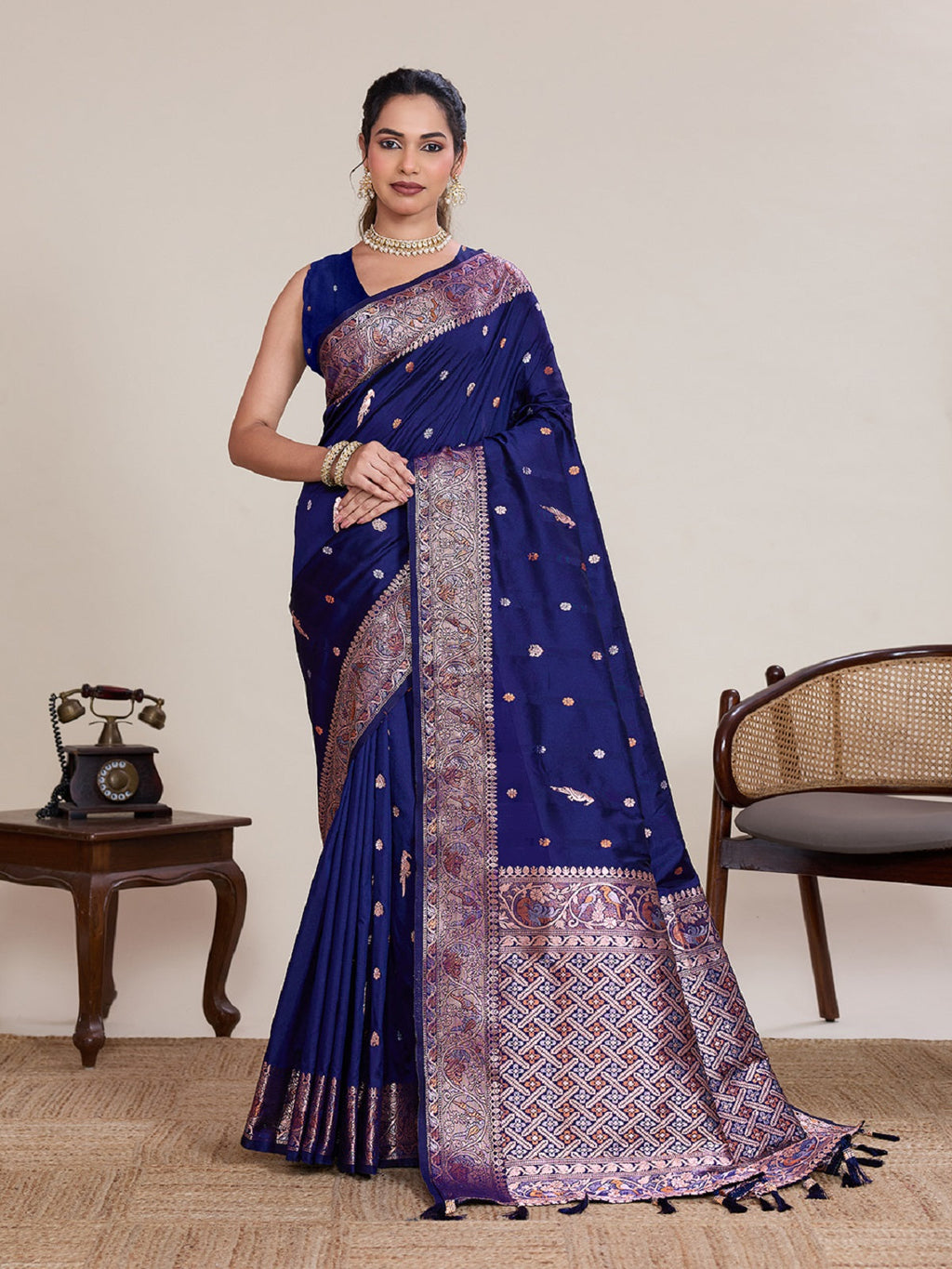 Royal Blue Kanjivaram Silk wedding saree with silver and gold Jari Jacquard work