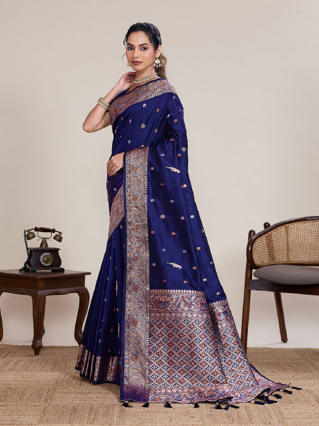 Royal Blue Jacquard Saree with Silver and Gold Jari Work