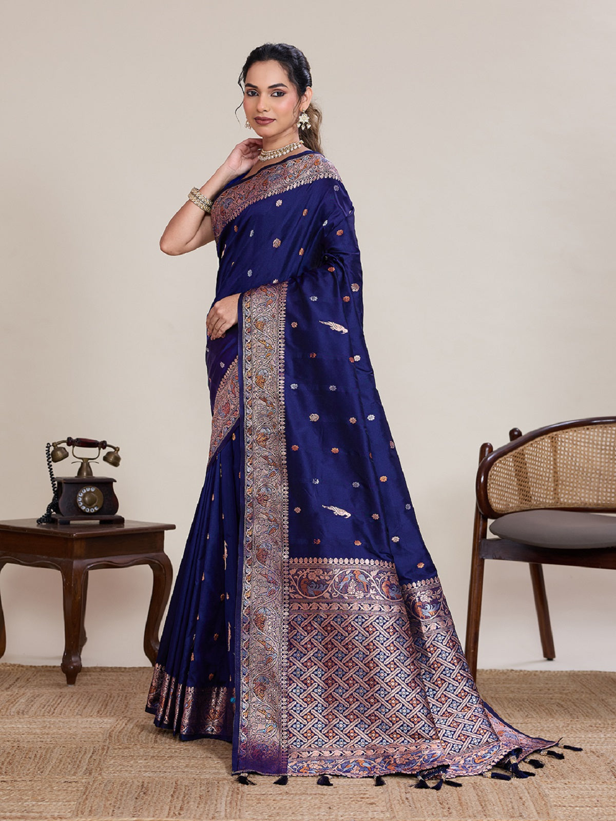 Royal Blue Jacquard Saree with Silver and Gold Jari Work