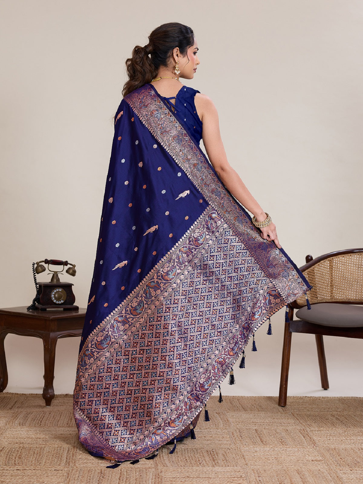 Royal Blue Jacquard Saree with Silver and Gold Jari Work